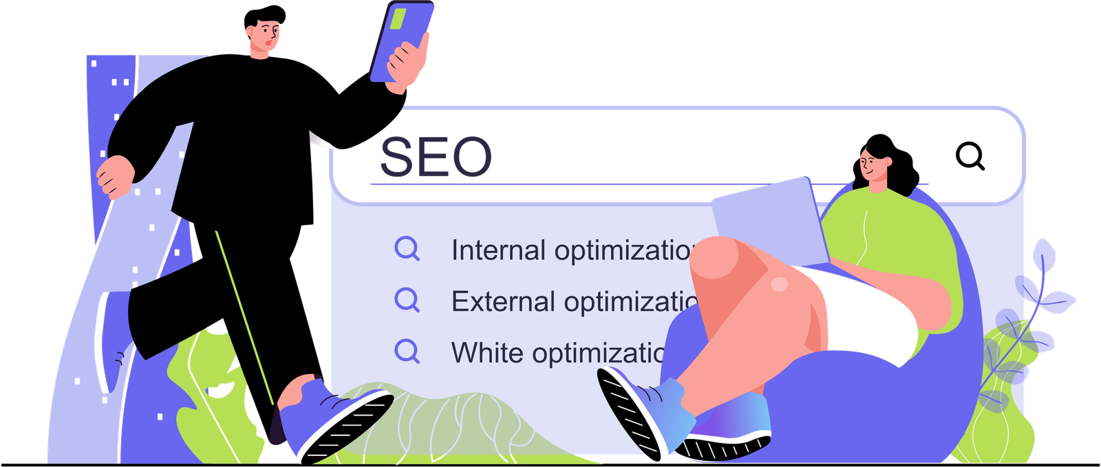 Illustration of an SEO checklist: internal optimization, external optimization, and white-hat optimization